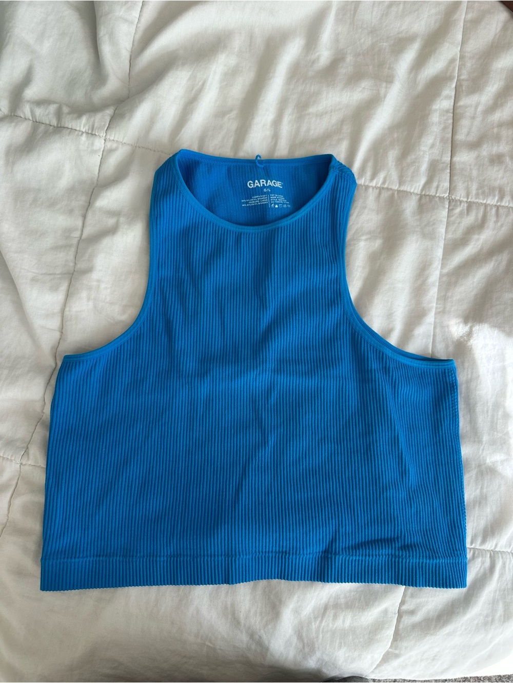 Garage Bright Blue Ribbed High-Neck Crop Tank